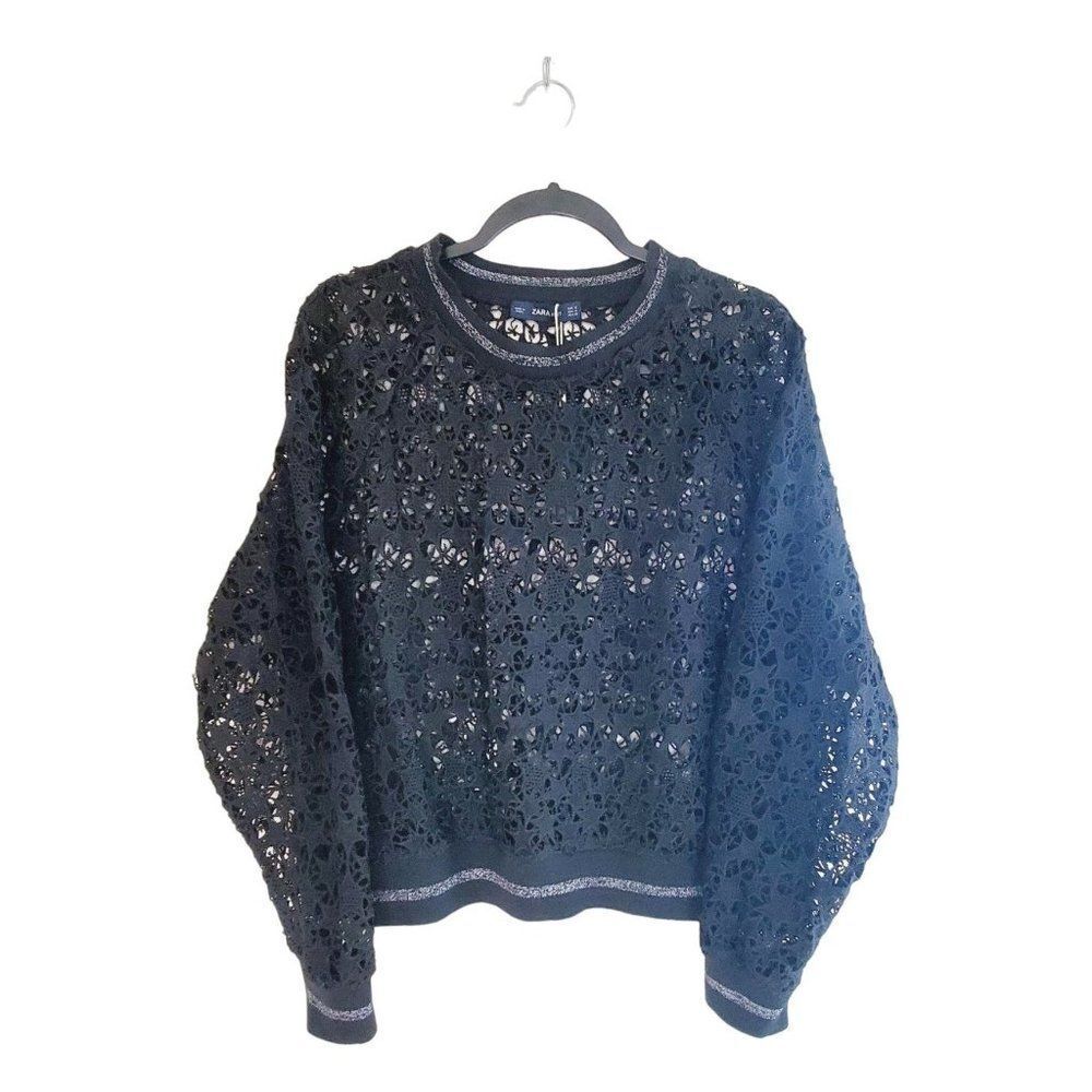 Zara Womens Top Black M Star Open Knit Black Crewneck Sweatshirt New
